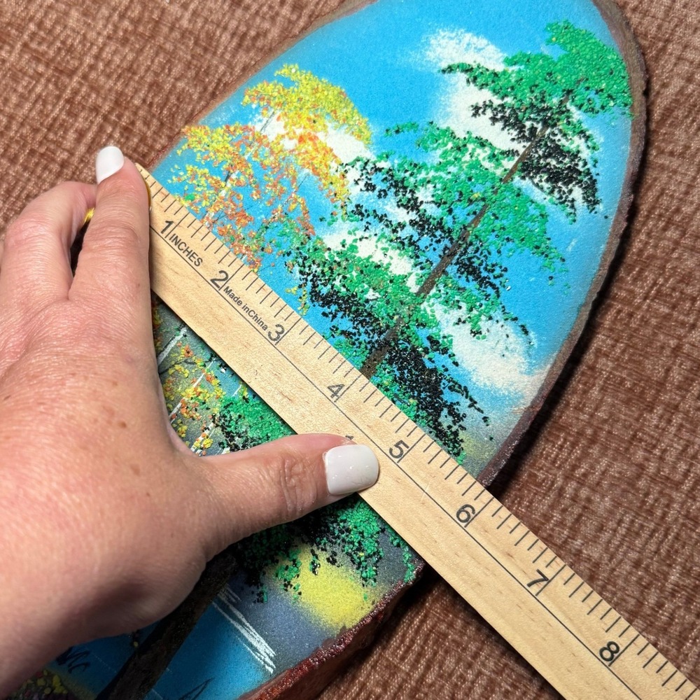 Vintage Hand Painted Live Edge Wood Slab Autumn Forest Lake Landscape Pebble Art - Picture 12 of 12